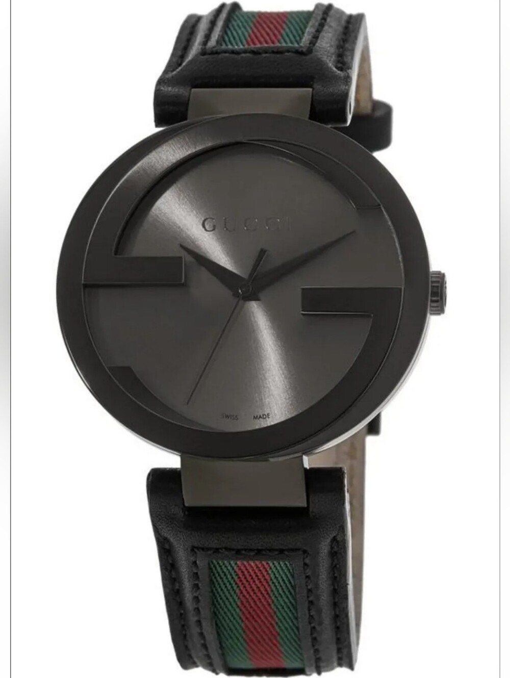 Gucci Watch Interlocking Anthracite GG With Gucci Green & Red Striped Band